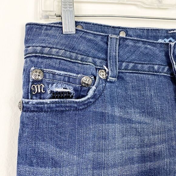 Miss Me Dark Wash Low Rise Rhinestone Embellished Flap Pocket Bootcut Jeans - Picture 4 of 8